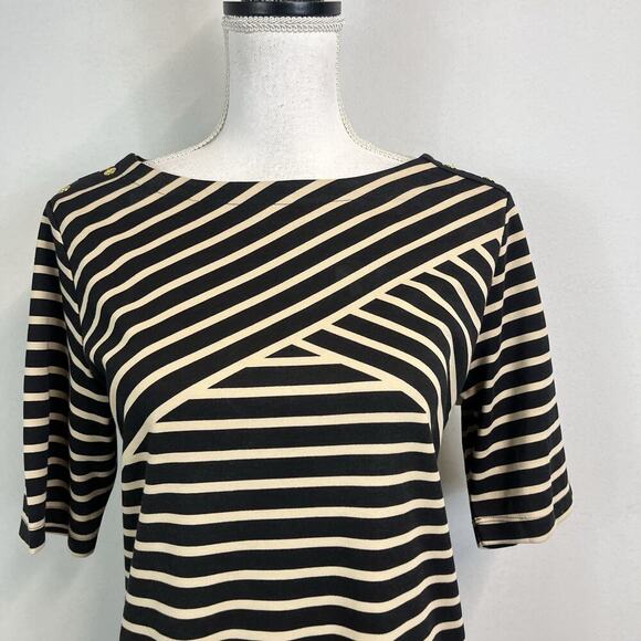 Karen Scott Sport Dress size Medium Black Khaki Striped Stretch Jersey Knee Slim - Picture 3 of 8